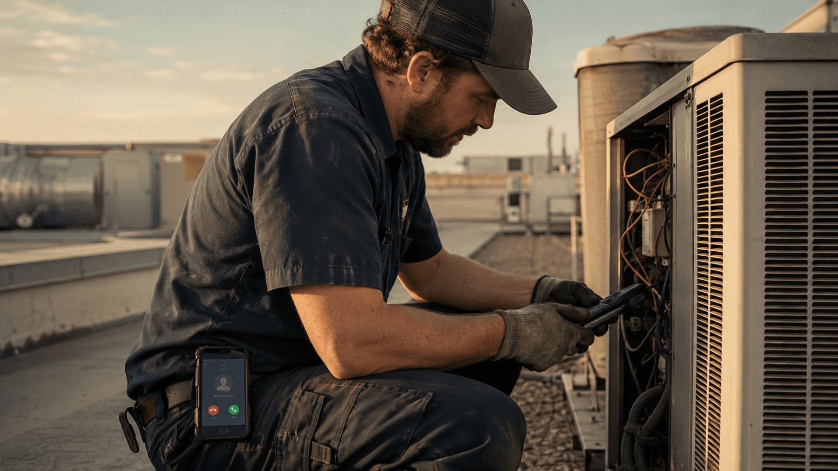 HVAC technician servicing a rooftop air-conditioning unit at sunset as a call comes in on his phone